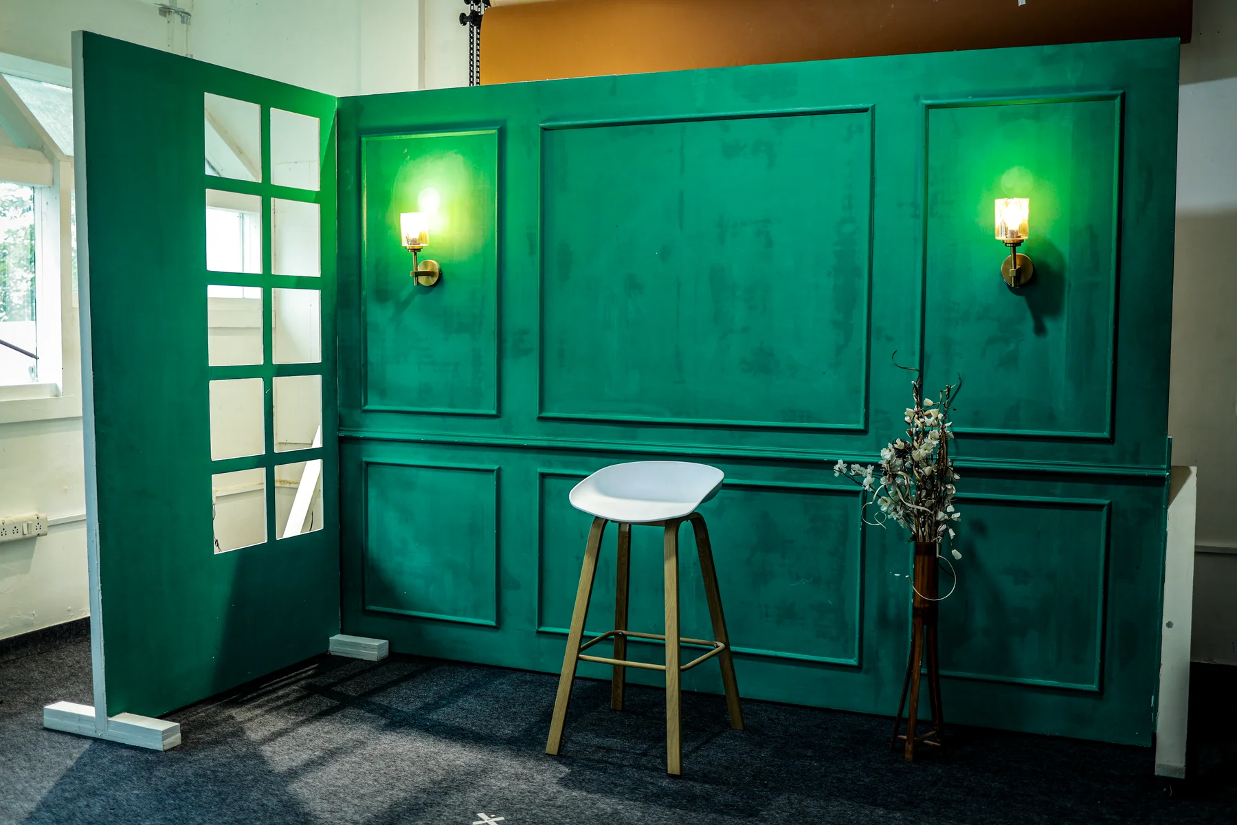 Green set and daylight inside the studio