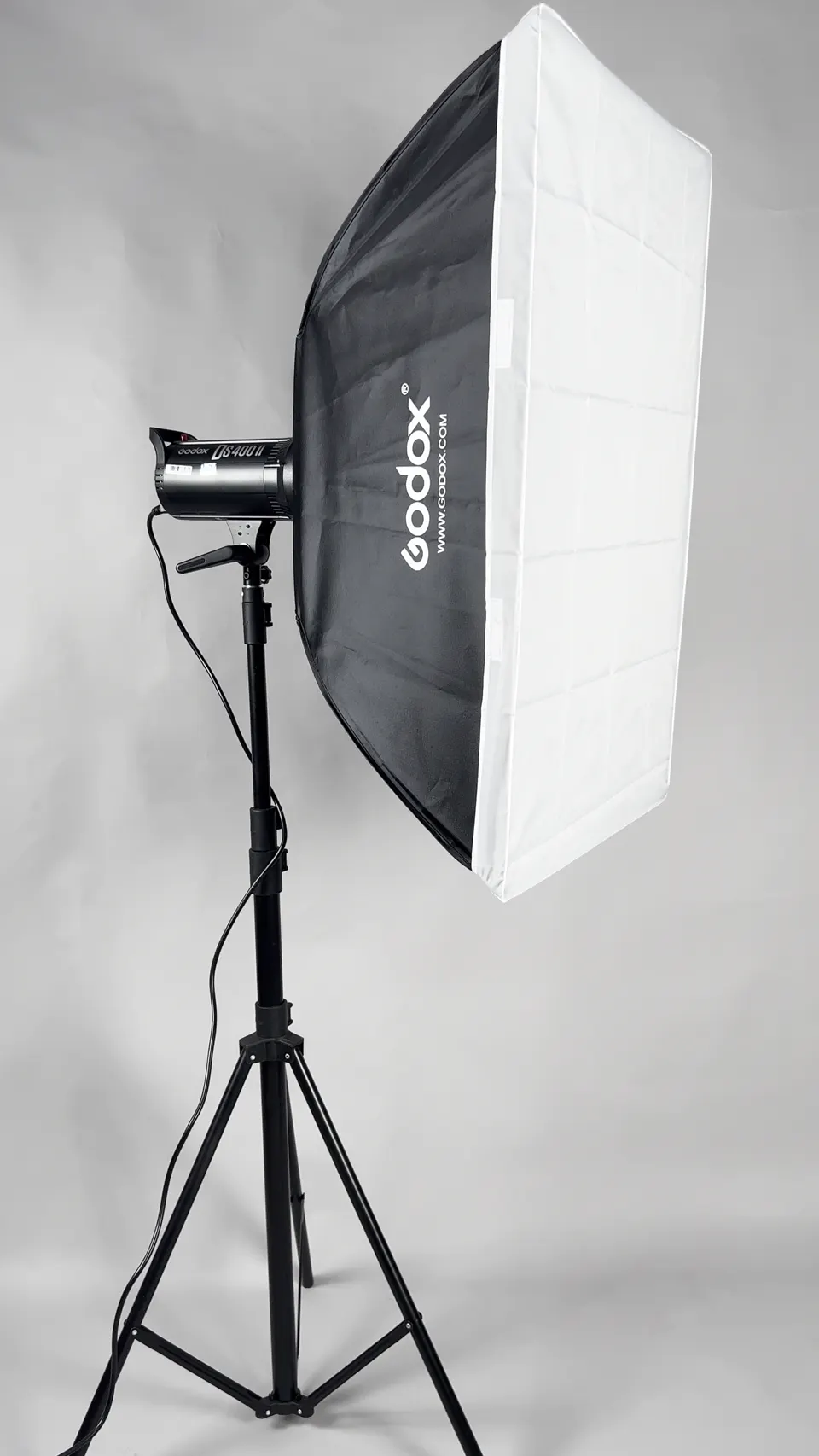 Godox light fitted with a rectangular softbox